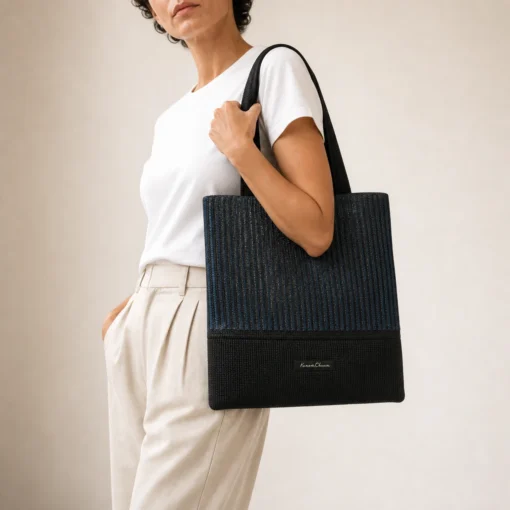 CNR235 Tote Bag Blue close-up model shot