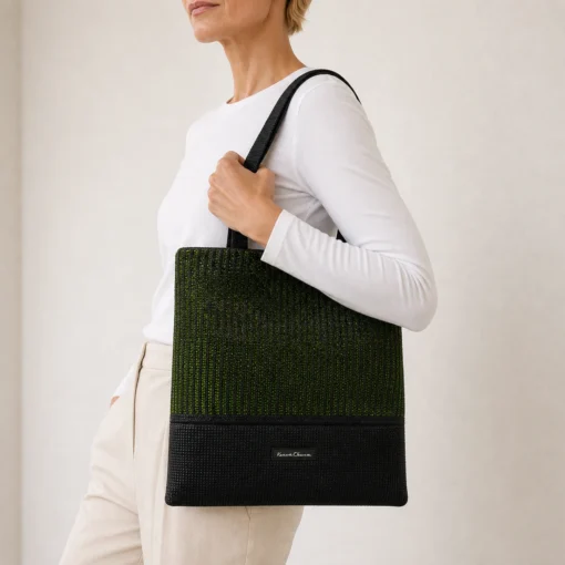 CNR235 Tote Bag Green close-up model shot